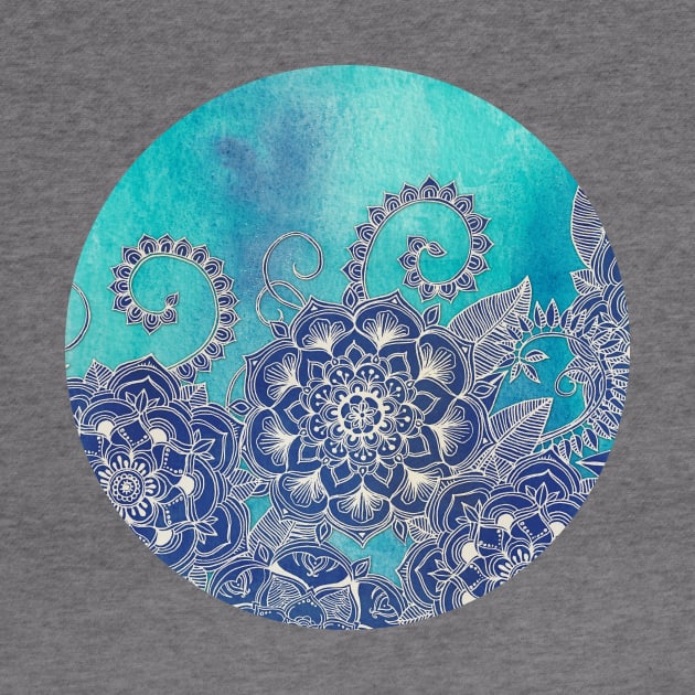 Mermaid's Garden - Navy & Teal Floral on Watercolor by micklyn